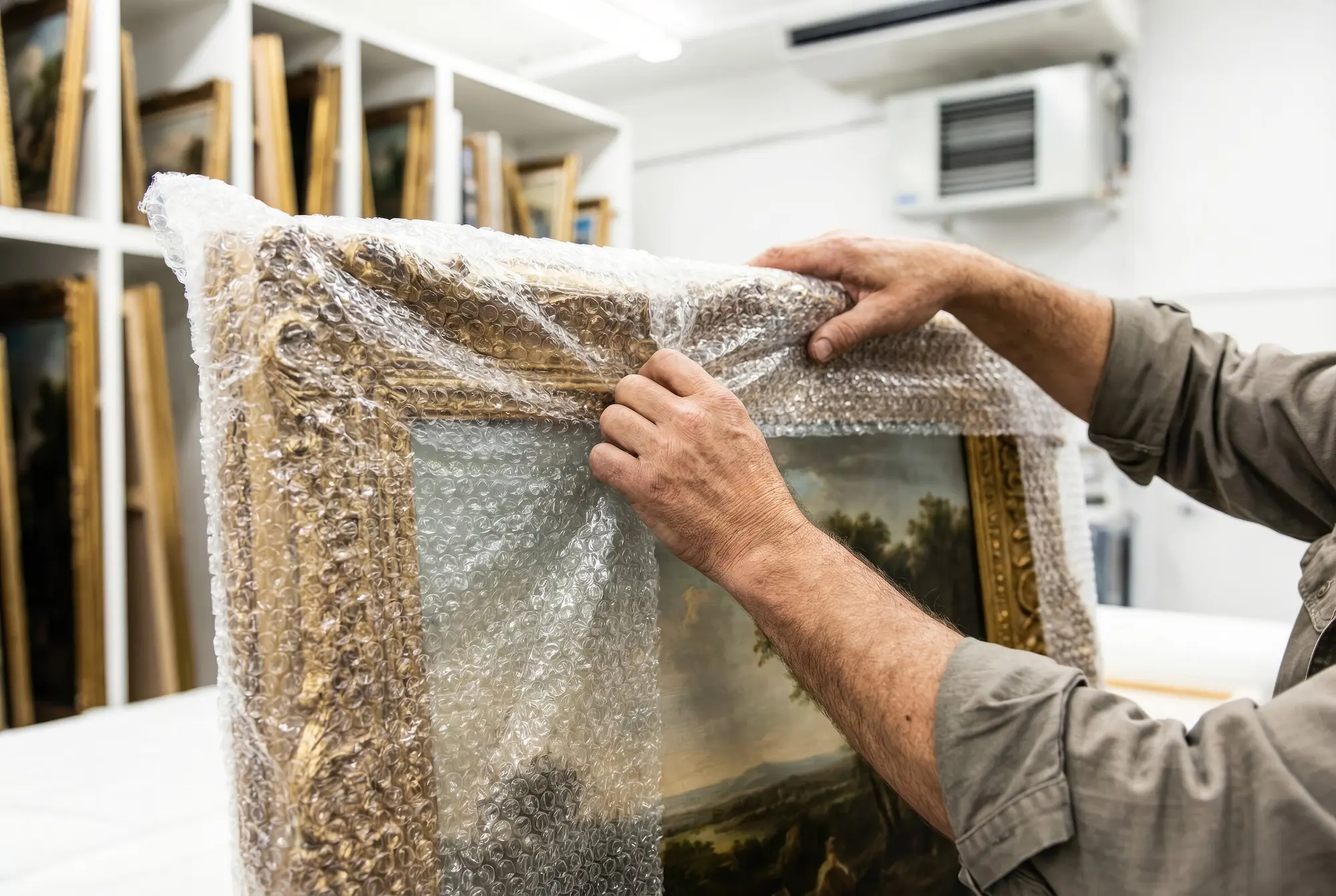 Detail — packed work, labeled for the shipper